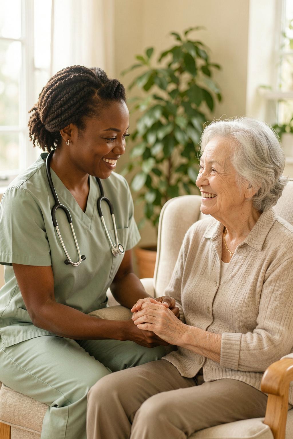 A warm caregiver gently holding the hands of a smiling older woman — care that welcomes every family